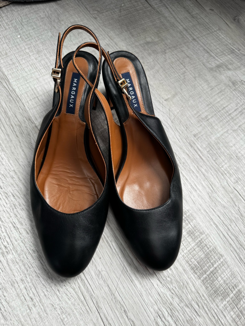 Margaux Black Leather Slingback Flats with Tan Insole